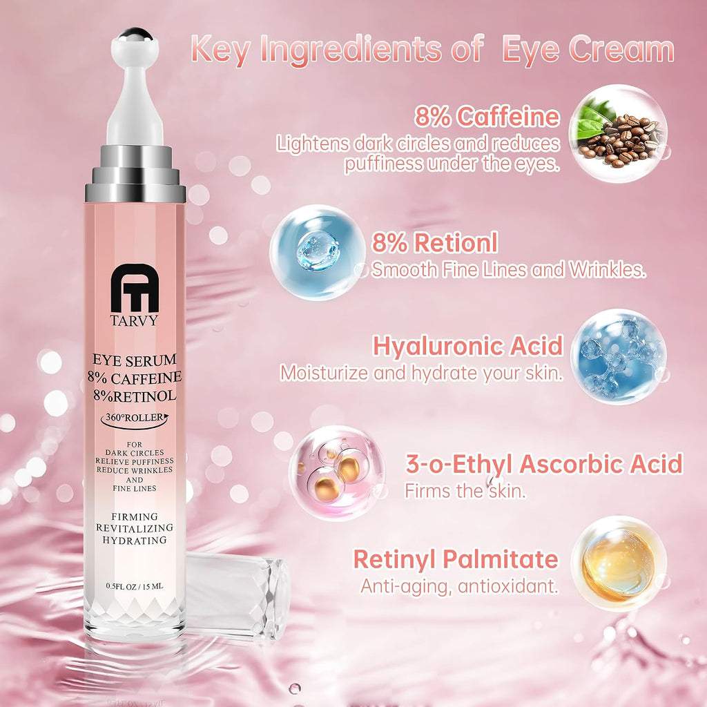 2500Pcs Clearance TARVY Caffeine Retinol Eye Serum with 360° Roller, Anti-Aging Eye Essence for Dark Circles Puffiness Wrinkles, Hydrating Firming Under Eye Cream 15ml