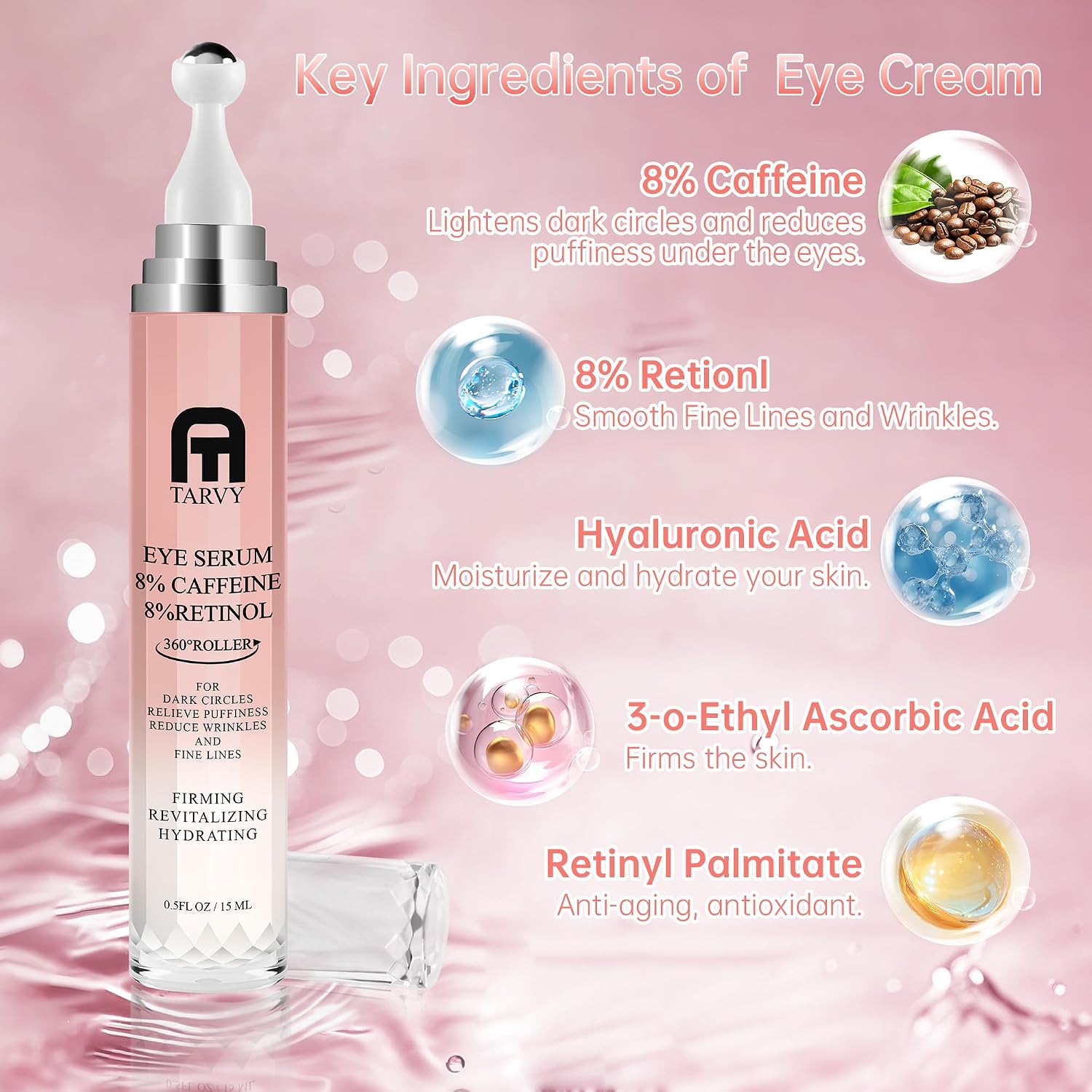 2500Pcs Clearance TARVY Caffeine Retinol Eye Serum with 360° Roller, Anti-Aging Eye Essence for Dark Circles Puffiness Wrinkles, Hydrating Firming Under Eye Cream 15ml