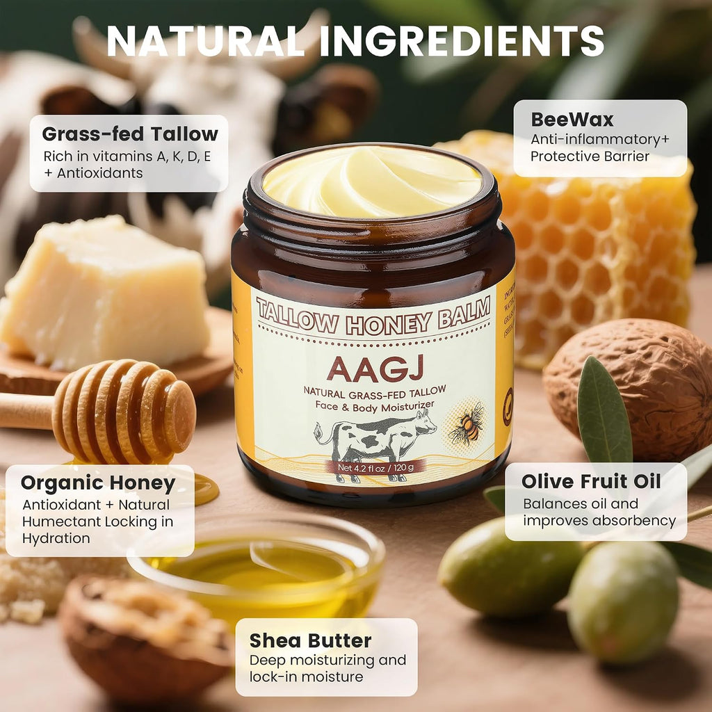 Clearance AAGJ Tallow Honey Balm, Grass-Fed Beef Tallow & Raw Honey Face Body Moisturizer, Natural Organic Skin Repair Cream 120g