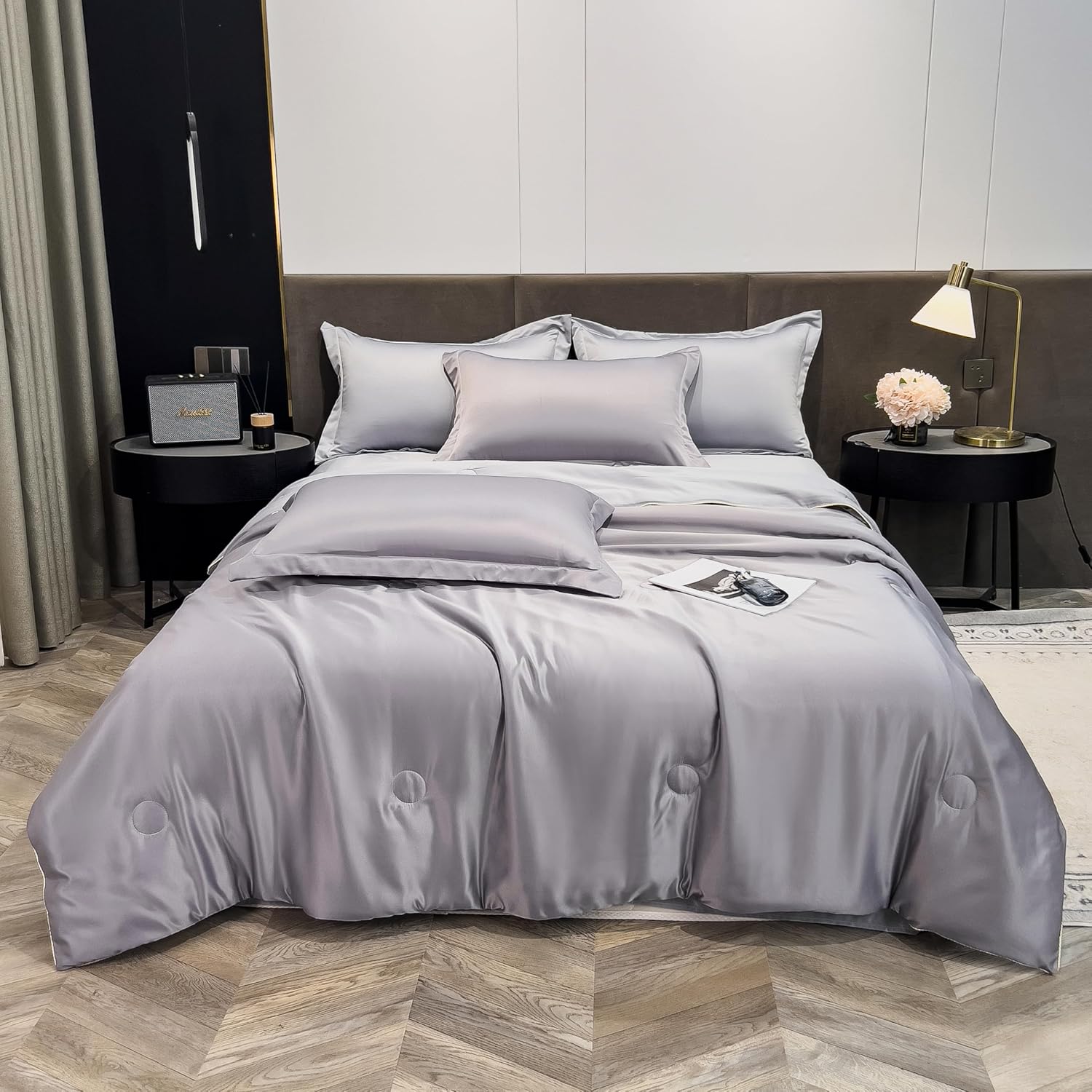 Silky Washed Silk Thin Quilt 3 Piece Bedding Set, 513pcs Solid Cream Air Condition Quilt Kit Clearance