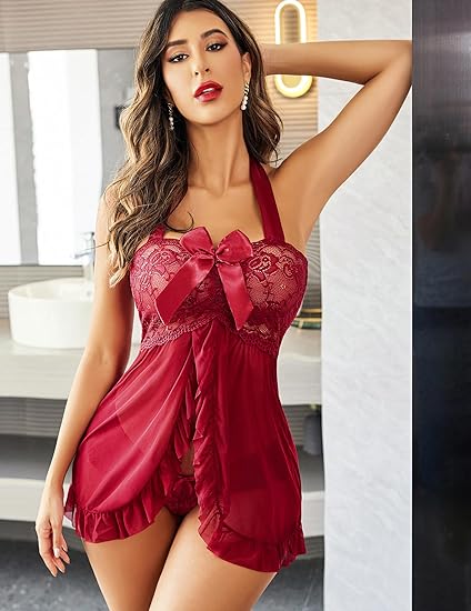 Multi Color & Size Mixed Surplus 962 Sets Halter Lace Mesh Babydoll Sleep Set, Ruffle Split Front Women Lingerie Wholesale Clearance
