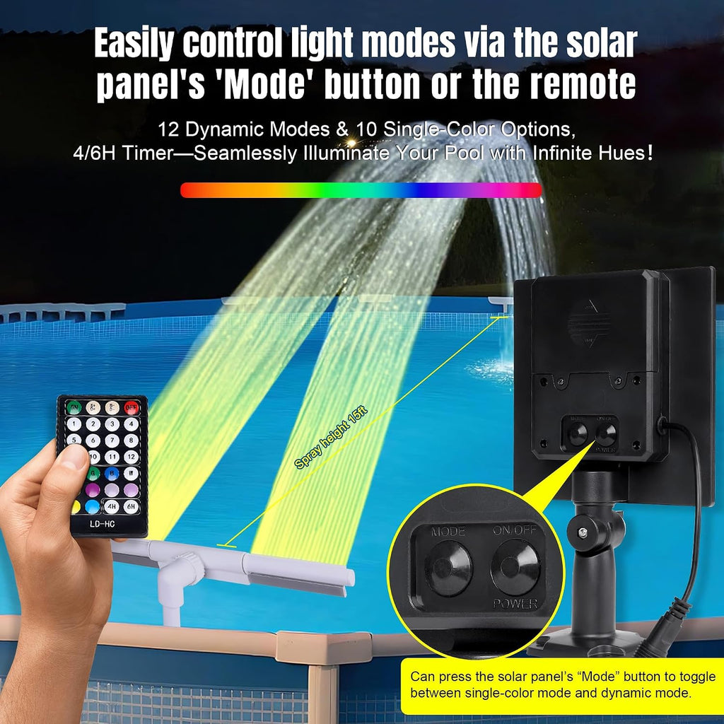 Solar RGB Pool Fountain for Above Ground & Inground Pools – Dual Spray Waterfall & 360° Adjustable Pool Sprinkler Fountain with 22 Color Modes,4H/6H Timer – Perfect for Backyard Fun & Spa Relaxation