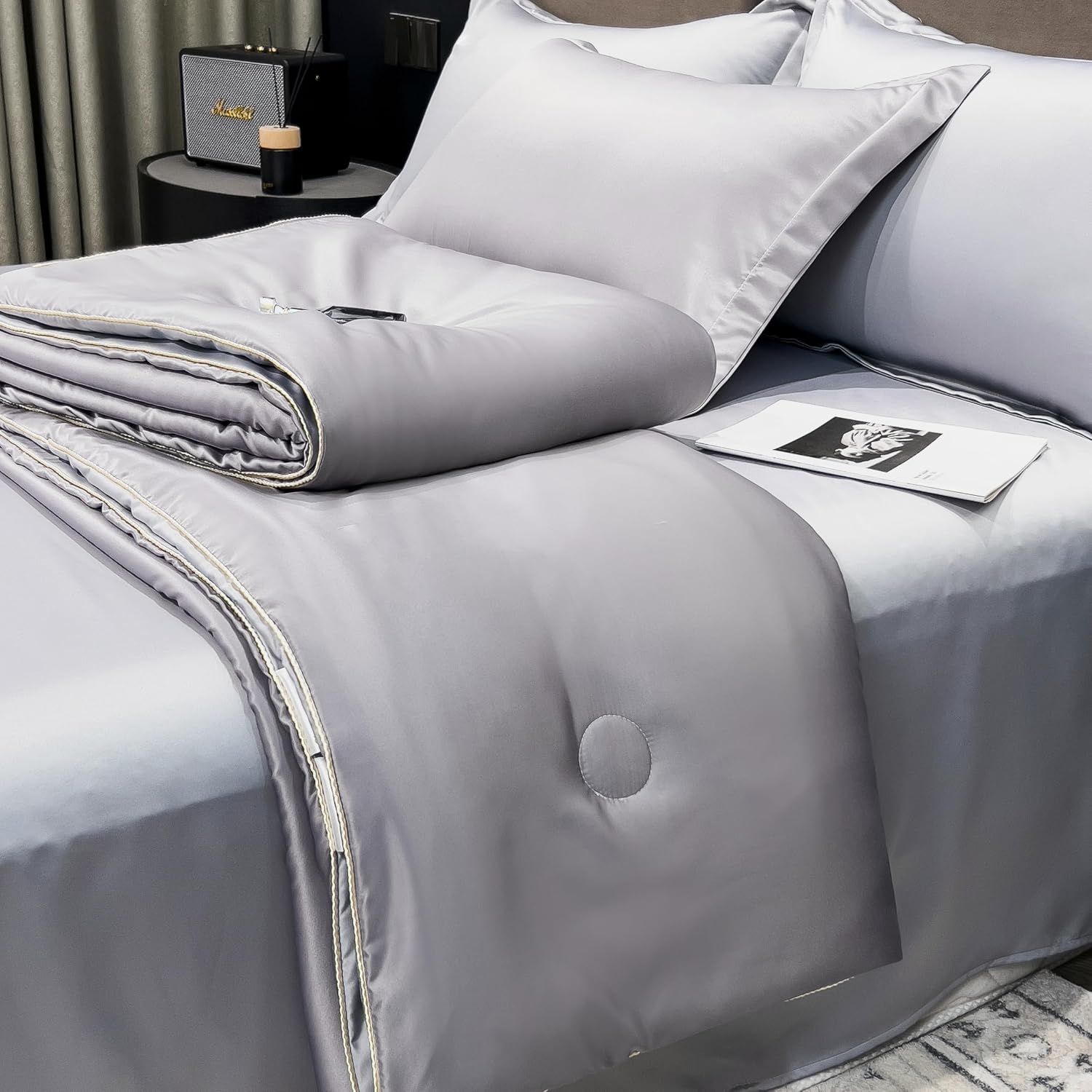 Silky Washed Silk Thin Quilt 3 Piece Bedding Set, 513pcs Solid Cream Air Condition Quilt Kit Clearance