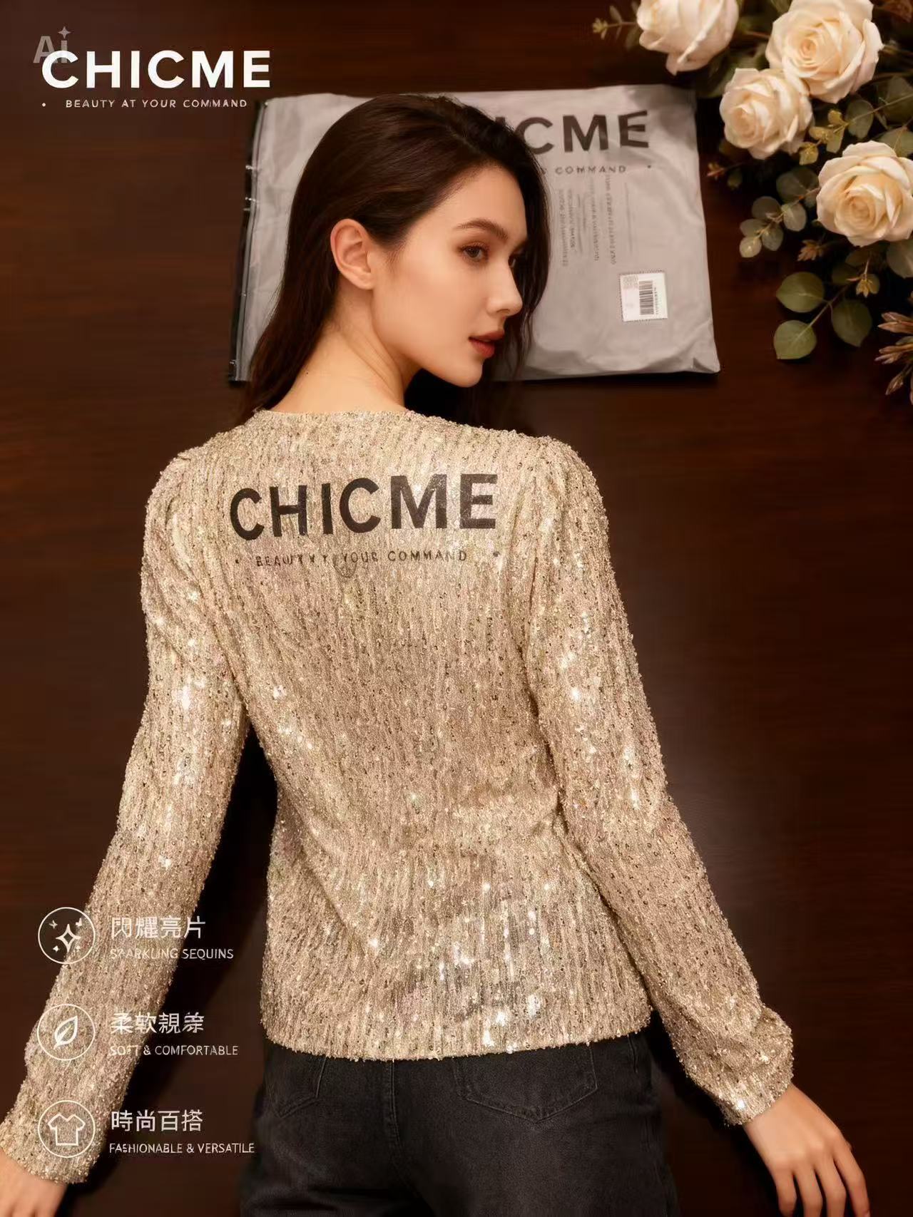 Women’s Sequin Long Sleeve Top – Elegant Sparkly Party Blouse | Lightweight Slim Fit Evening Shirt | Wholesale Clearance Stock