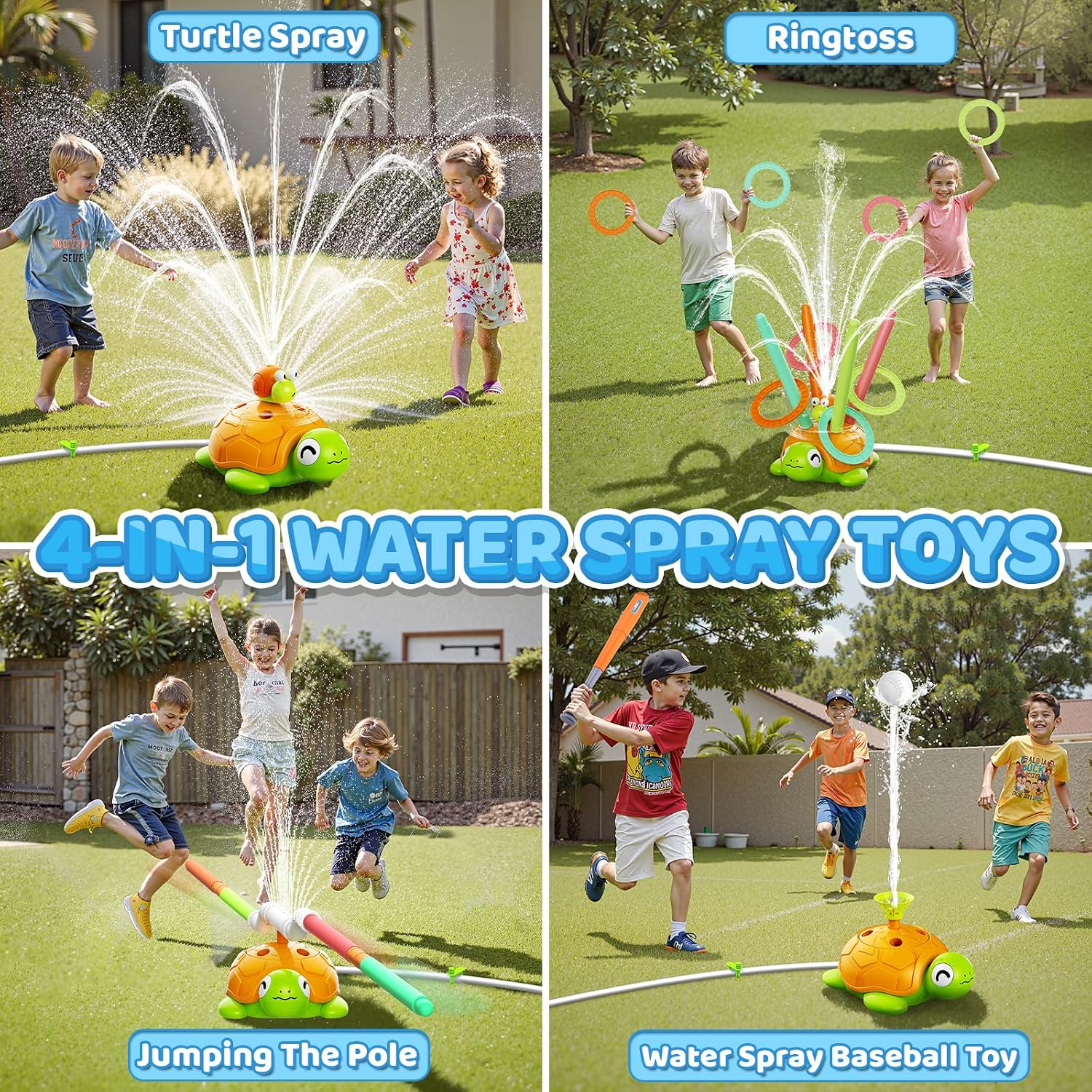 Clearance Multi Color Turtle Water Sprinkler Toy for Kids, 4 in 1 Outdoor Backyard Splash Play Toy, Floating Ball Ring Toss Summer Lawn Water Toy for Toddlers