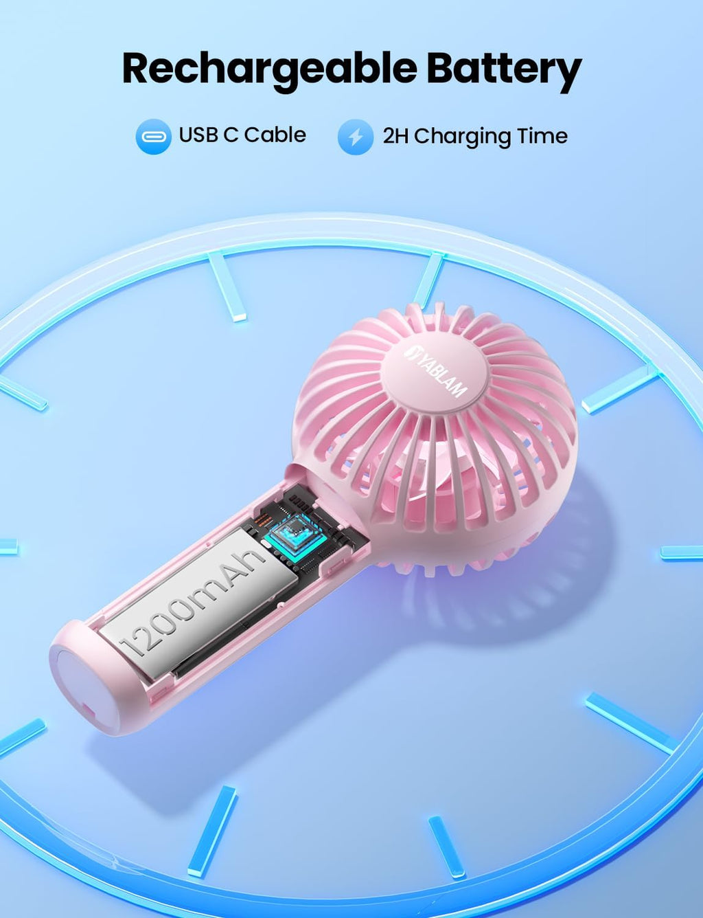 Big Lot Closeout 5143 Solid Pink Rechargeable Hand Fan, Portable Outdoor Mini Cooling Fan With Long Battery Life