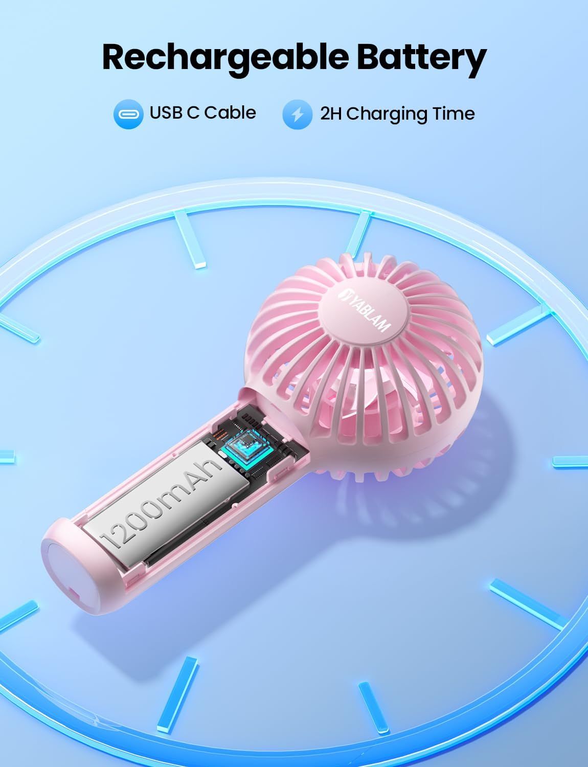 Big Lot Closeout 5143 Solid Pink Rechargeable Hand Fan, Portable Outdoor Mini Cooling Fan With Long Battery Life