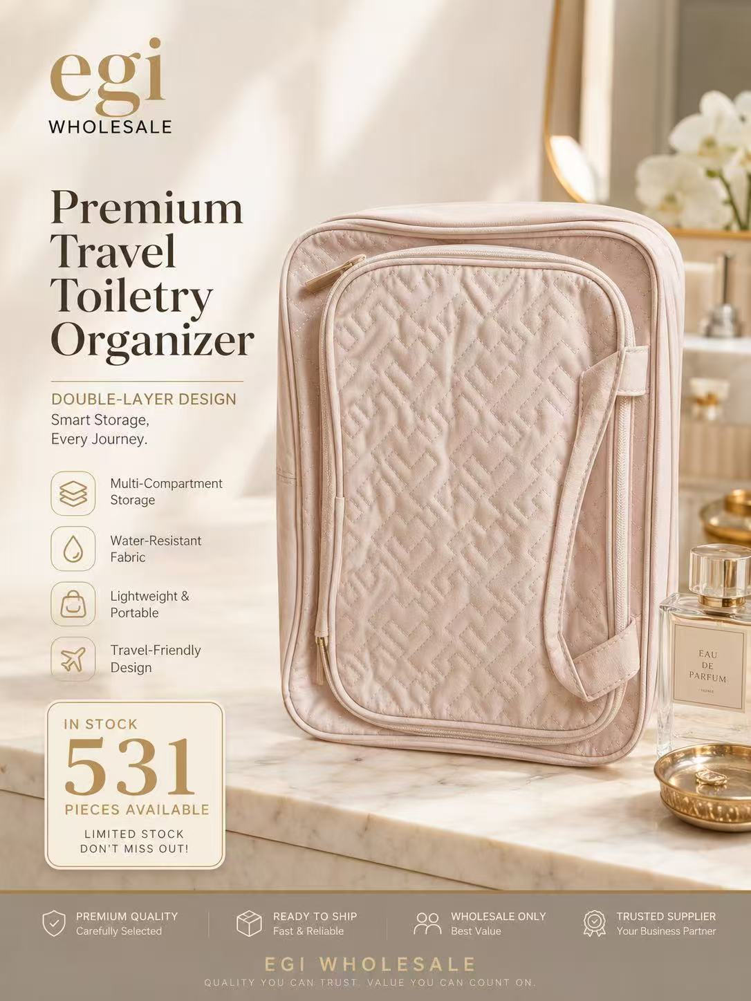 Luxury Quilted Travel Makeup Bag – Pink Cosmetic Organizer
