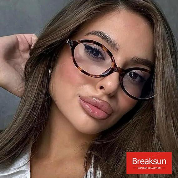 Breaksun Fashionable Elliptical Glasses for Women and Men. Retro Round Tortoise Shell Frame Blue Light Glasses,