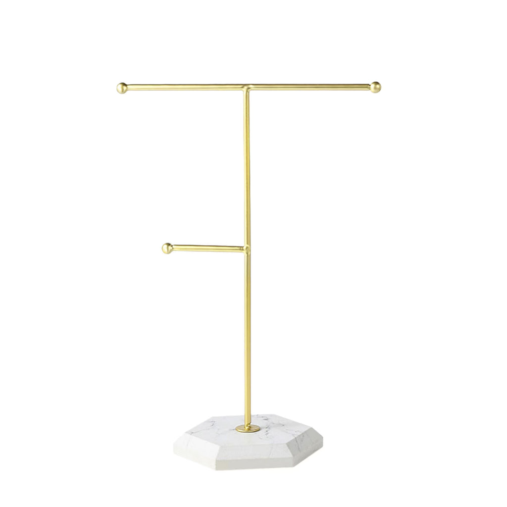 Clearance 2-Tier Gold Metal Jewelry Stand with Marble Base, Hexagon Marble T-Bar Necklace Bracelet Holder, Modern Tabletop Earring Ring Display Organizer for Vanity