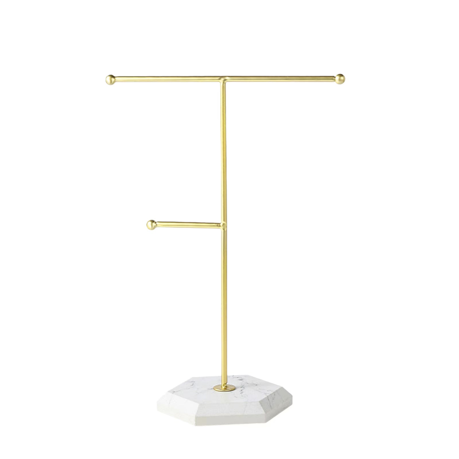 Clearance 2-Tier Gold Metal Jewelry Stand with Marble Base, Hexagon Marble T-Bar Necklace Bracelet Holder, Modern Tabletop Earring Ring Display Organizer for Vanity