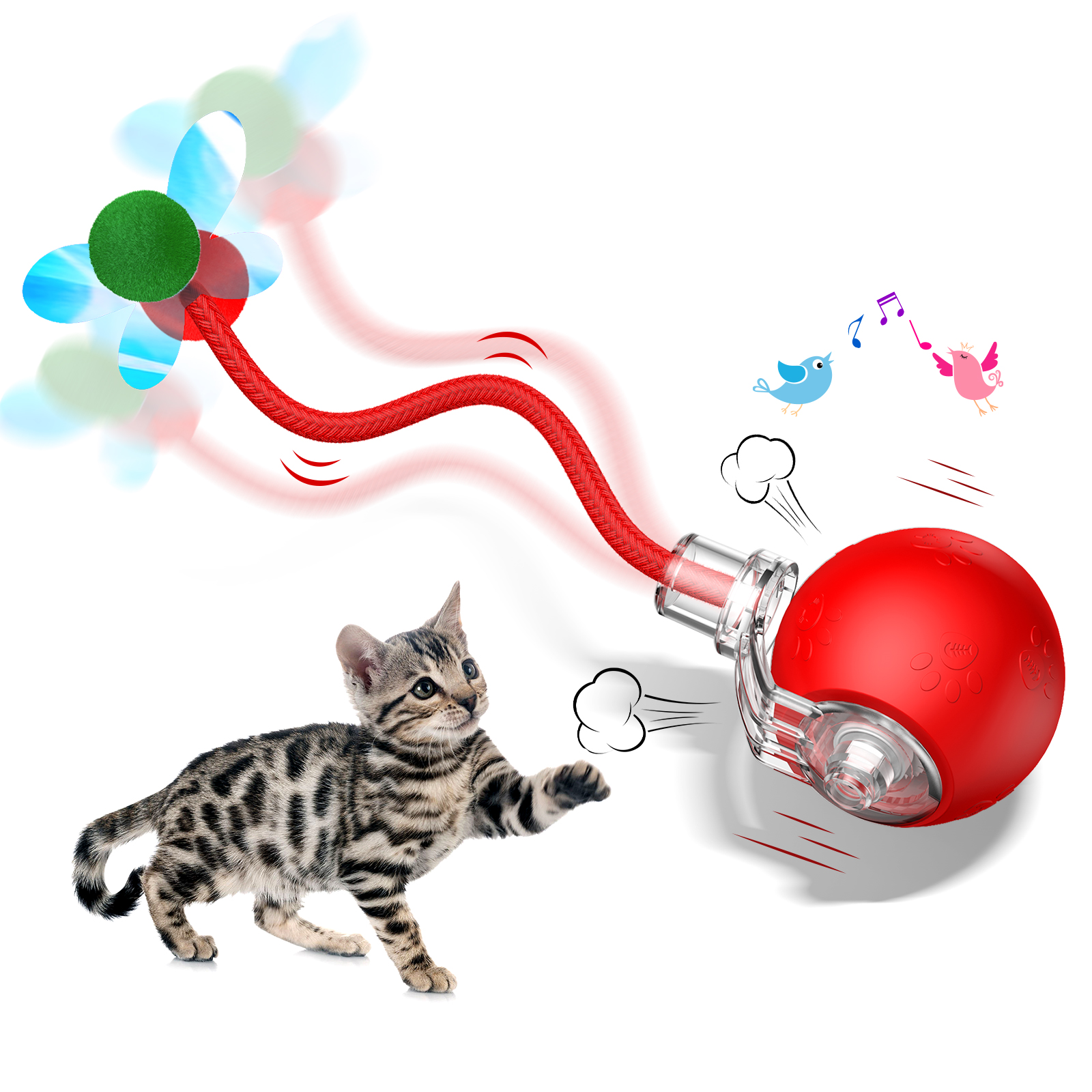 Interactive Cat Ball Toy, Automatic Moving Ball Toy for Indoor Cat Fast Rolling on Carpet, Chirping & Motion Activate Cat Toys, Cats Fun Gift with Light
