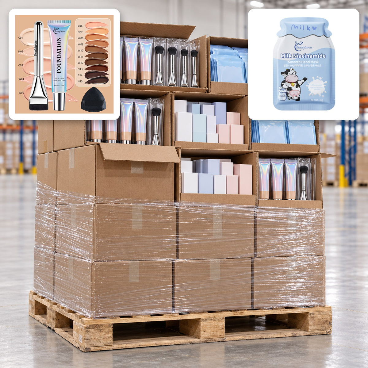 Foundation + Brush Kits & Hand Masks – Pallets, 34 SKUs, ~5,400 pcs