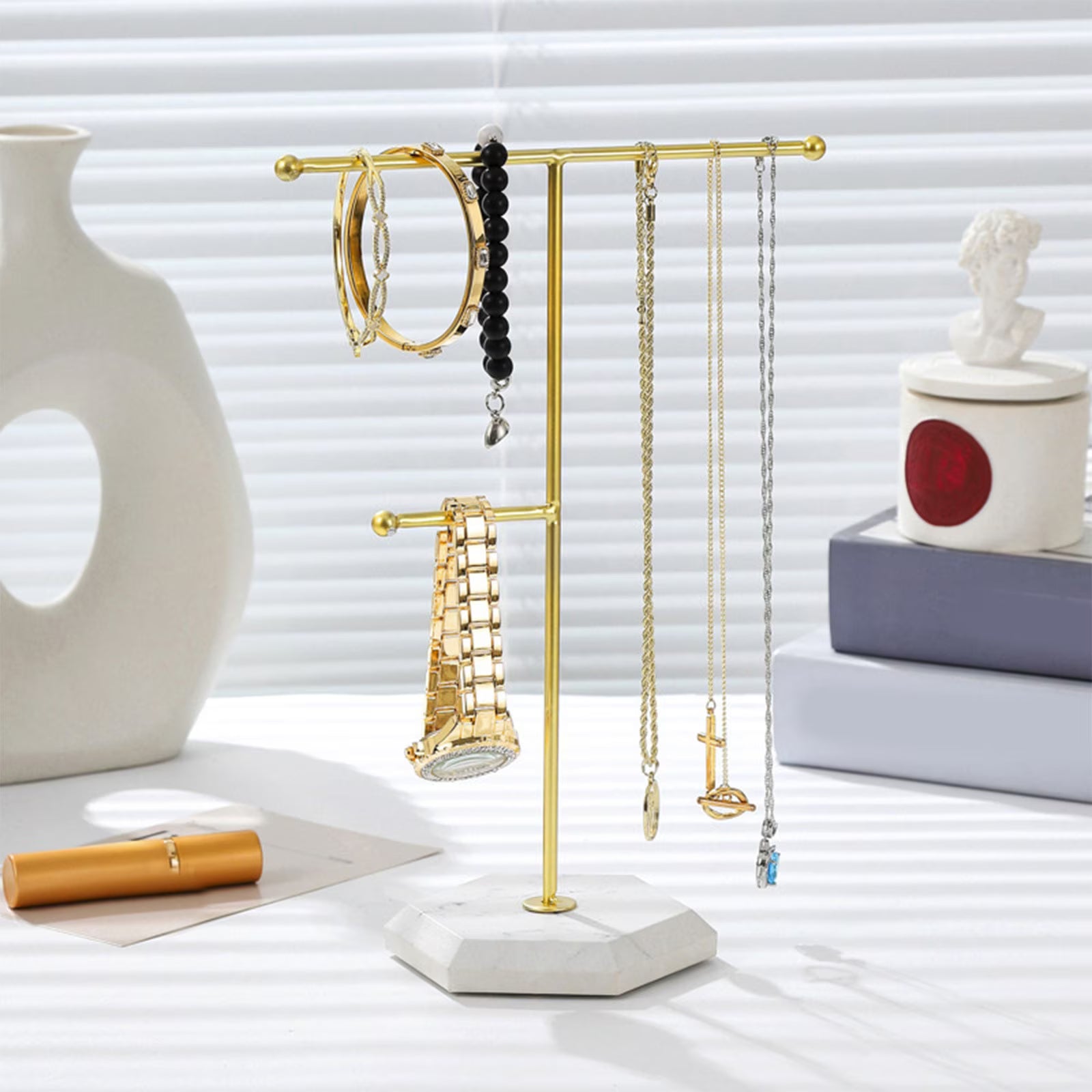 Clearance 2-Tier Gold Metal Jewelry Stand with Marble Base, Hexagon Marble T-Bar Necklace Bracelet Holder, Modern Tabletop Earring Ring Display Organizer for Vanity
