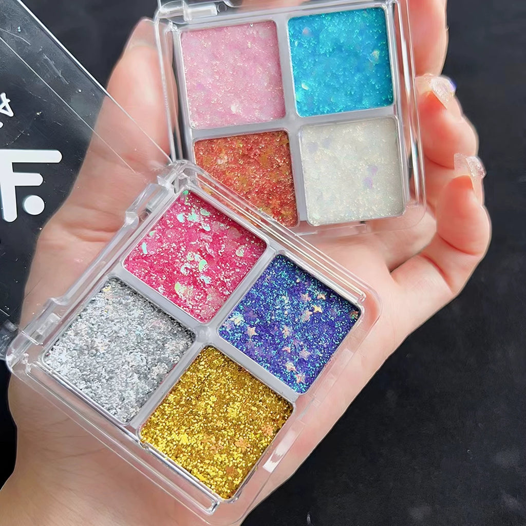 4-Color Chunky Glitter Eyeshadow Tray, Sparkle Sequins Eye Makeup Palette, Festival Shimmer Cosmetics, Random Mixed Styles Clearance Stock