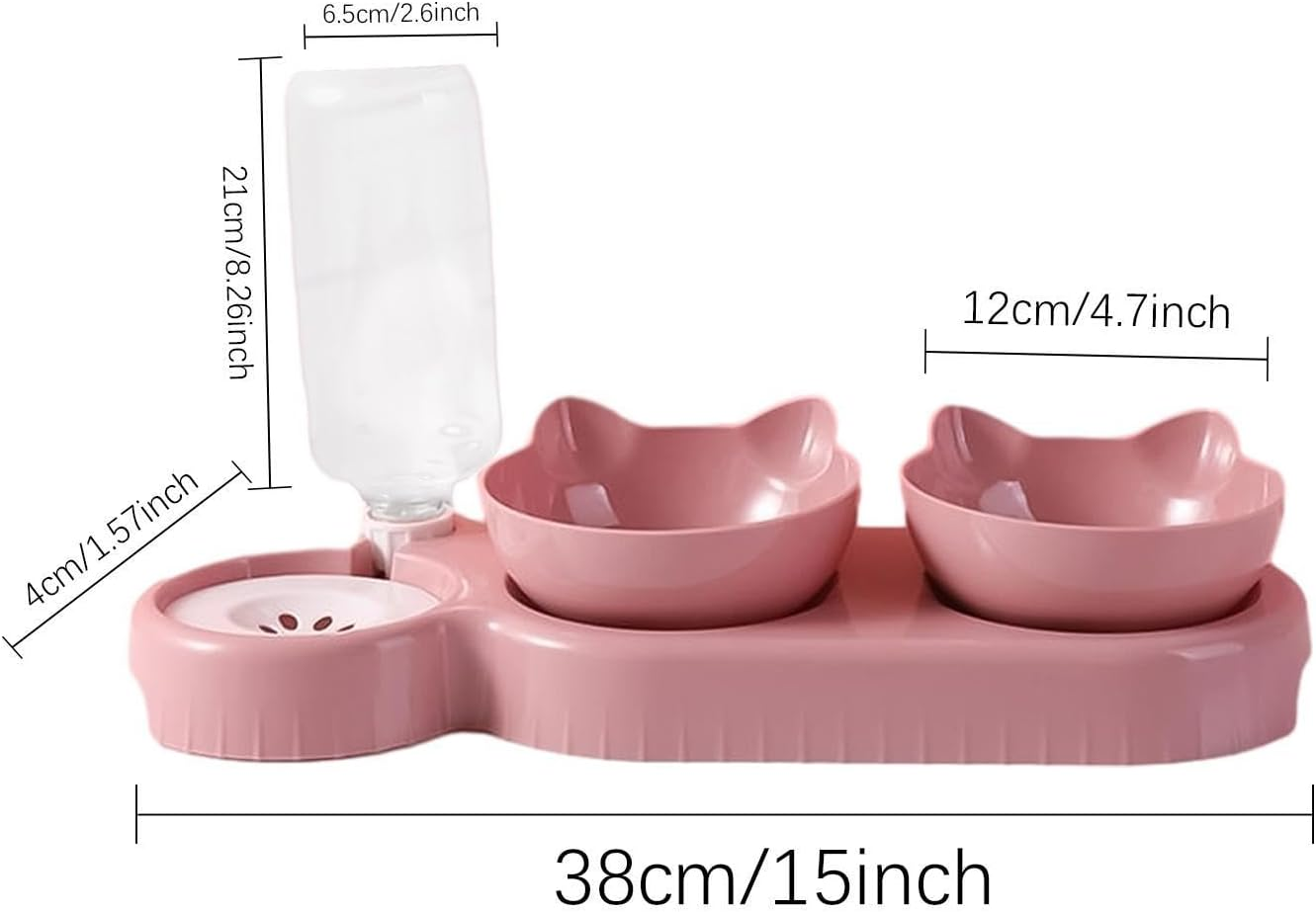 Cat Food Bowl - 500ml Dog Food Bowl, Double Dog Bowl, Sloped Cat Dish with Automatic Water Bottle, Heavy Duty Pet Feeder, Bowl