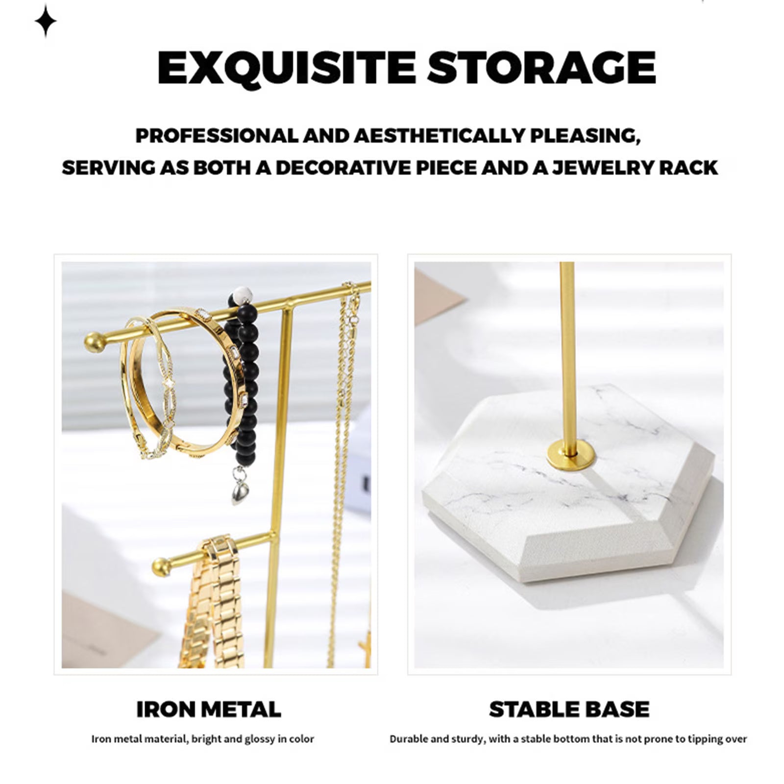 Clearance 2-Tier Gold Metal Jewelry Stand with Marble Base, Hexagon Marble T-Bar Necklace Bracelet Holder, Modern Tabletop Earring Ring Display Organizer for Vanity