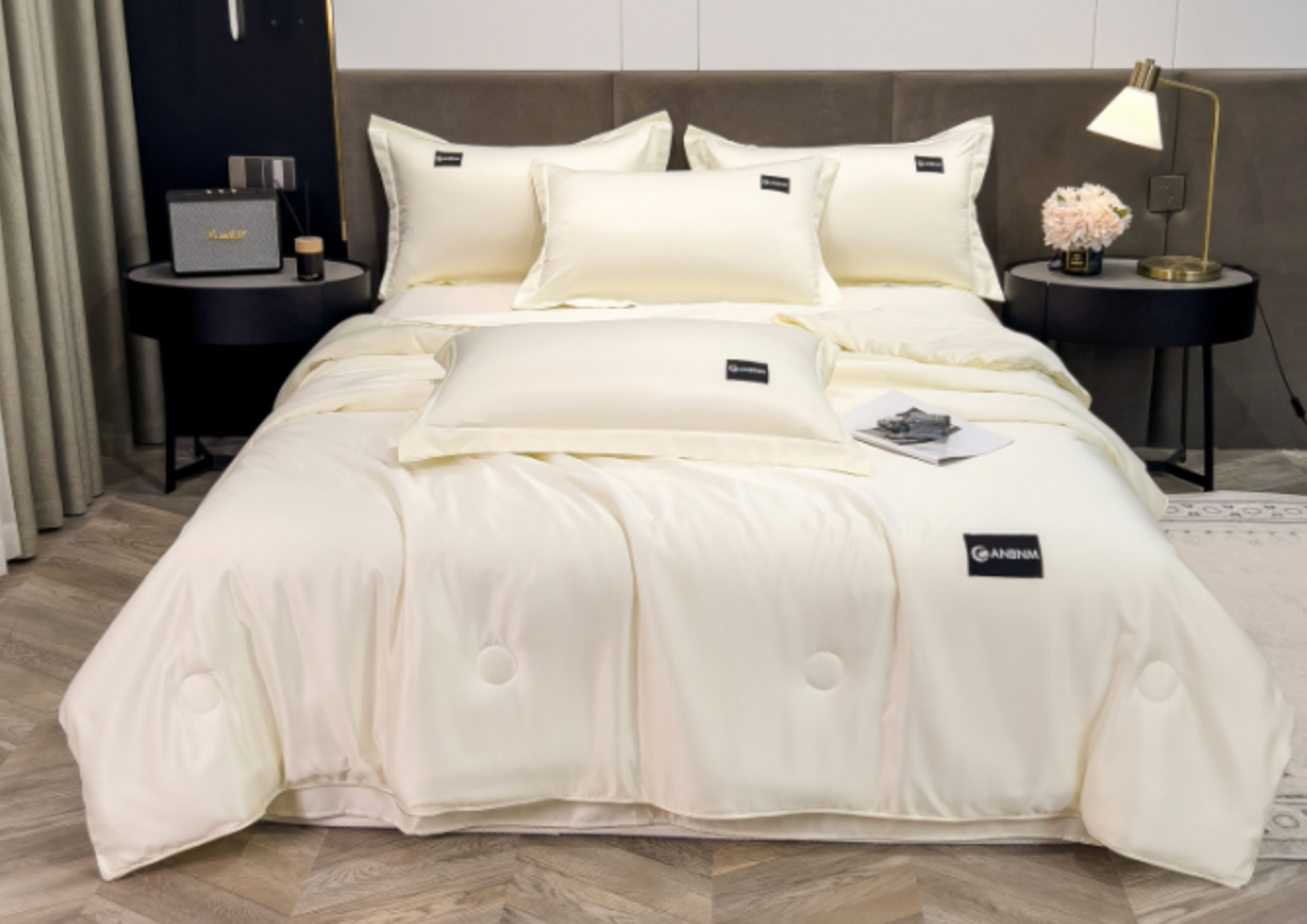 Silky Washed Silk Thin Quilt 3 Piece Bedding Set, 513pcs Solid Cream Air Condition Quilt Kit Clearance