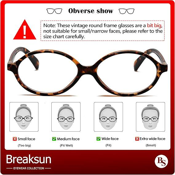 Breaksun Fashionable Elliptical Glasses for Women and Men. Retro Round Tortoise Shell Frame Blue Light Glasses,