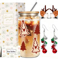 Christmas Gift Set Clearance, Christmas Tree Snowflake Glass Cup with Bamboo Lid & Metal Straw, Reindeer Antler Hair Clips, Jingle Bell Dangle Earrings, Xmas Holiday Present Box with Greeting Card for Women Friends