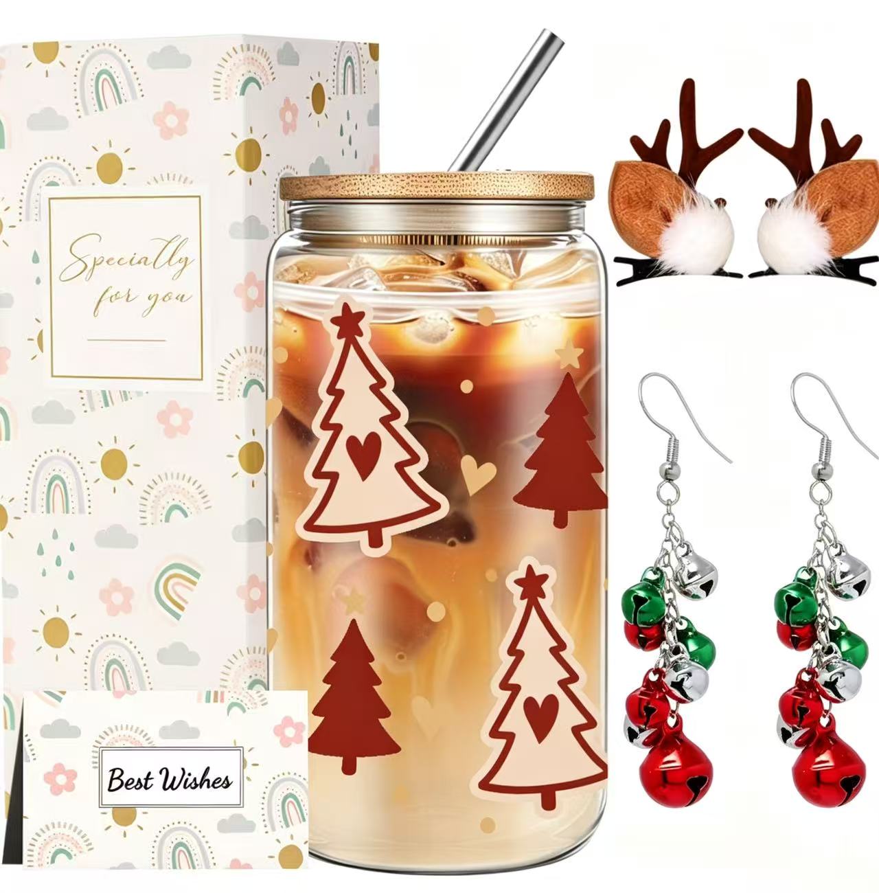 Christmas Gift Set Clearance, Christmas Tree Snowflake Glass Cup with Bamboo Lid & Metal Straw, Reindeer Antler Hair Clips, Jingle Bell Dangle Earrings, Xmas Holiday Present Box with Greeting Card for Women Friends