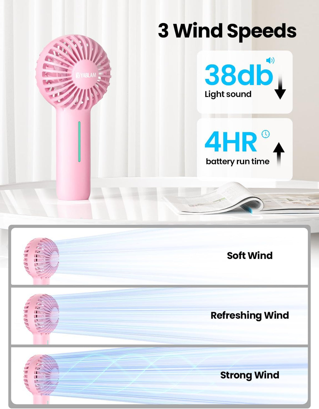 Big Lot Closeout 5143 Solid Pink Rechargeable Hand Fan, Portable Outdoor Mini Cooling Fan With Long Battery Life