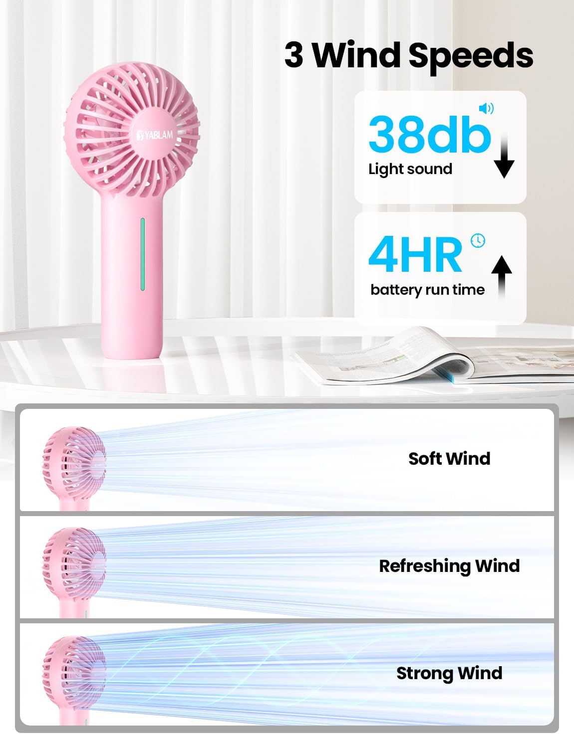 Big Lot Closeout 5143 Solid Pink Rechargeable Hand Fan, Portable Outdoor Mini Cooling Fan With Long Battery Life