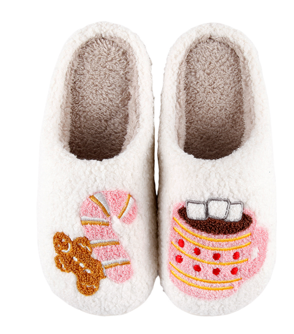 Sweet Gingerbread Man & Candy Cane Design Cozy Fluffy Closed Toe Slippers Winter Home Wear Clearance Stock 175 Wholesale