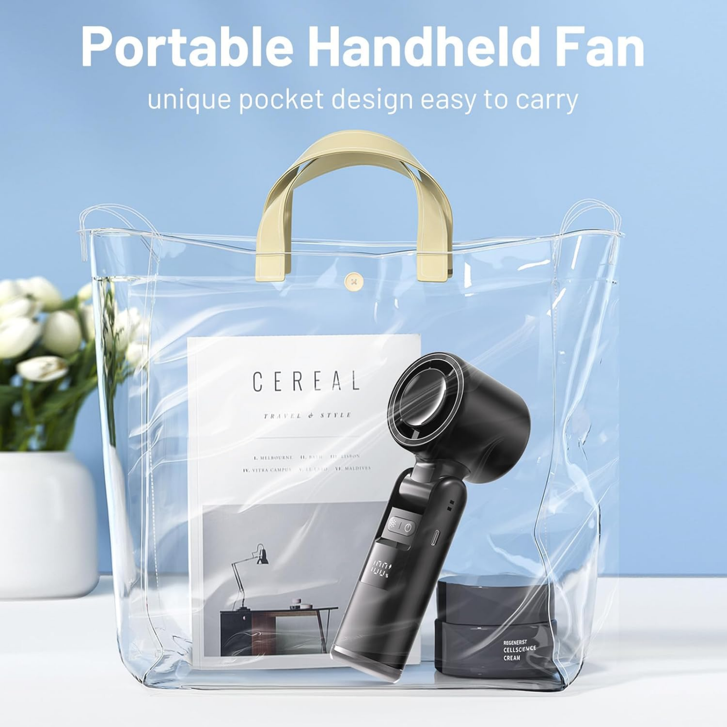 Lerat Portable Handheld Turbo Fan, 5 High-Speed Wind, Battery Operated, Up to 12H Runtime, 3 IN 1 Hand Fan with LED Display & Flashlight, Personal Cooling Fan for Travel, Outdoor, Beach Essentials