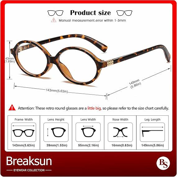 Breaksun Fashionable Elliptical Glasses for Women and Men. Retro Round Tortoise Shell Frame Blue Light Glasses,