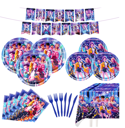 1100Pcs Clearance K-pop Idol Concert Theme Birthday Party Supplies Set, Happy Birthday Banner Paper Plates Napkins Tablecloth Disposable Cutlery Party Decor Kit for Kids Girls Birthday