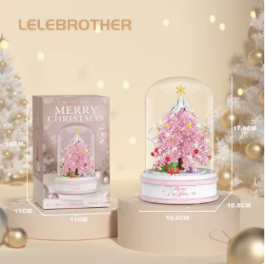 Mini Christmas Tree Snow Globe Music Box with Light Clearance, DIY Micro Building Block Xmas Snow Globe Decor, Golden Pink Desktop Christmas Ornament Gift for Girls