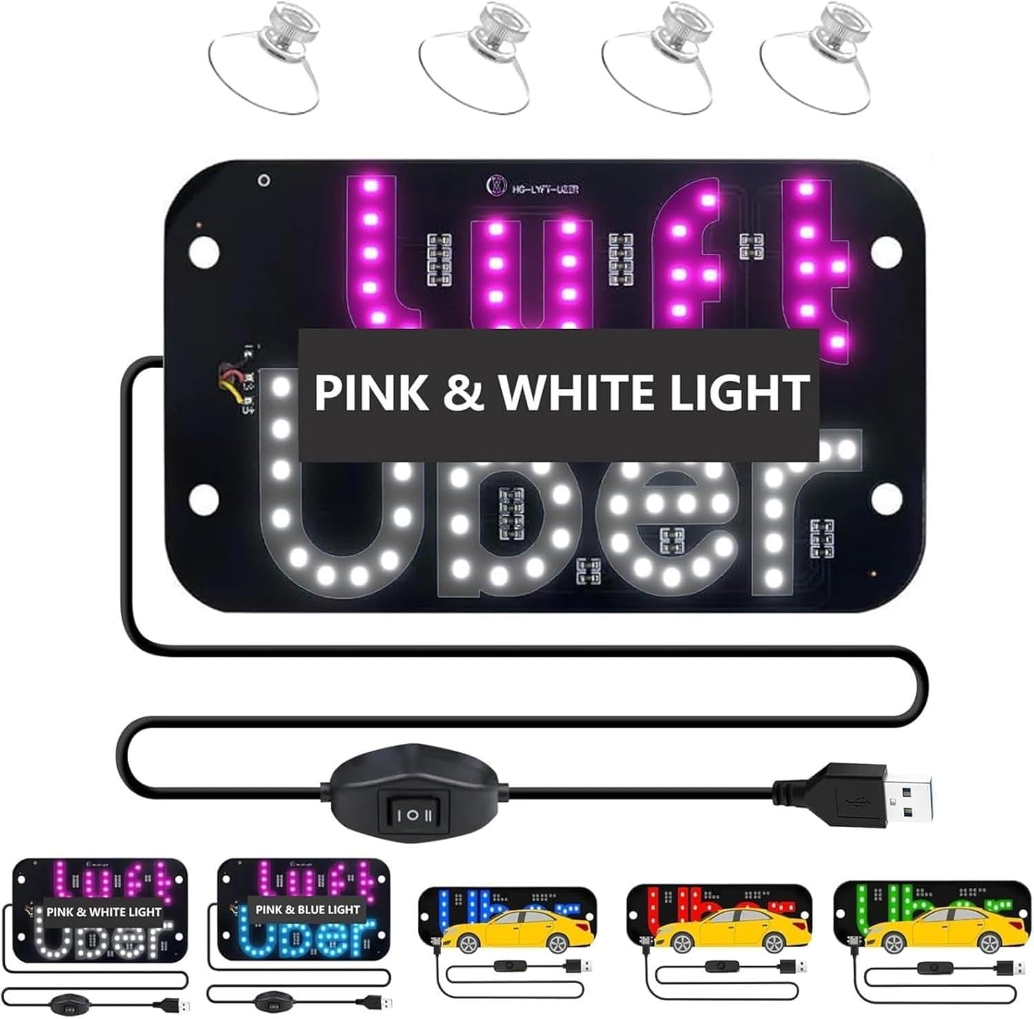 Mixed Lot Uber Taxi LED Car Sign Light Clearance, USB RGB Multi-Color Windshield LED Indicator Light, Suction Cup Mount Ride Share Car Interior LED Warning Light Assorted Bundle