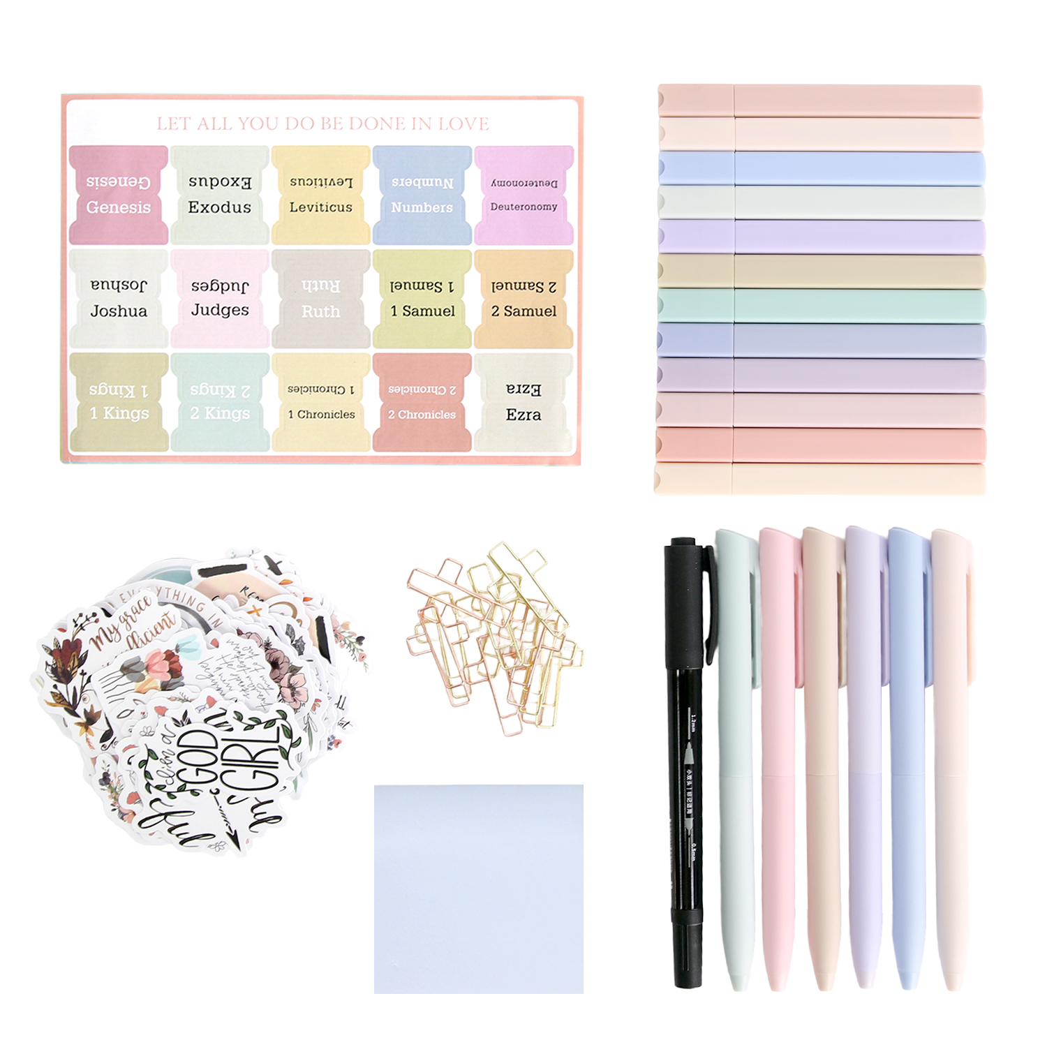 Clearance Aesthetic Bible Journaling Stationery Kit, Spiral Lined Notebook, Macaron Gel Pens, Bible Book Tabs, Christian Stickers, Metal Paper Clips, Washi Tape, Floral Large Desk Mouse Pad, Complete Cute School Office Supplies Set