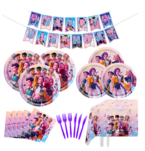 1100Pcs Clearance K-pop Idol Concert Theme Birthday Party Supplies Set, Happy Birthday Banner Paper Plates Napkins Tablecloth Disposable Cutlery Party Decor Kit for Kids Girls Birthday