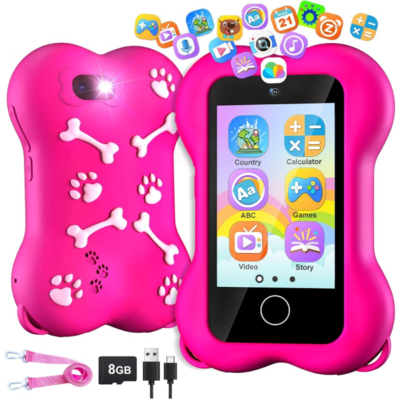 Multi Color Kids Smart Toy Phone with Dual Camera Clearance, 8GB Touch Screen Educational Game Music Player, Toddler Learning Play Cell Phone with Anti-Drop Silicone Case