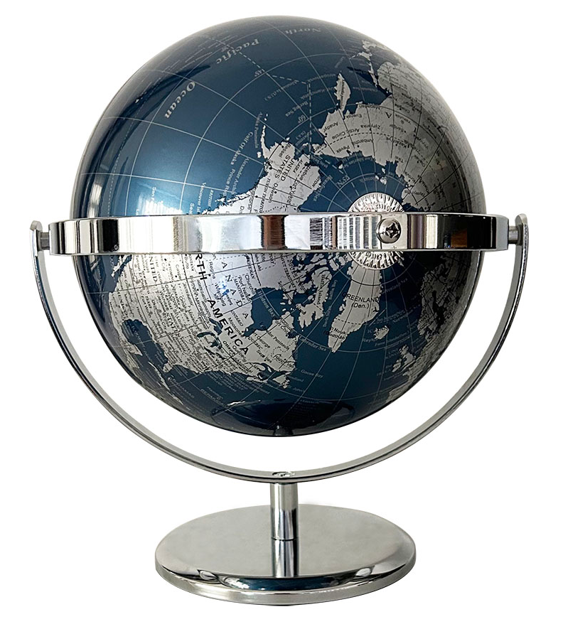 Metallic Blue World Globe with Stainless Steel Stand Clearance, Mini Rotating Desktop Globe, Decorative Educational World Map Globe for Office Home Desk Decor Student Geography Learning Gift