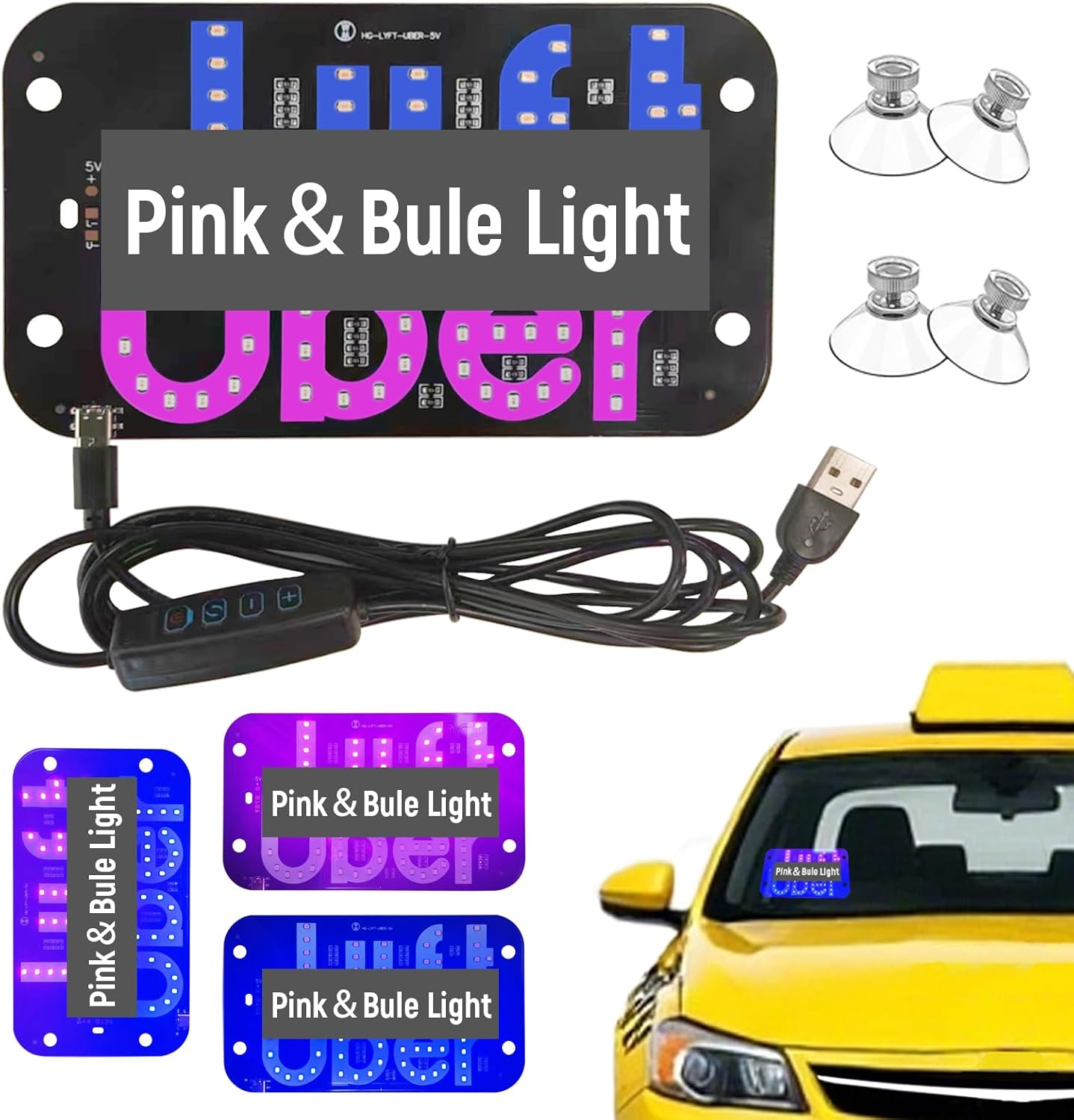 Mixed Lot Uber Taxi LED Car Sign Light Clearance, USB RGB Multi-Color Windshield LED Indicator Light, Suction Cup Mount Ride Share Car Interior LED Warning Light Assorted Bundle