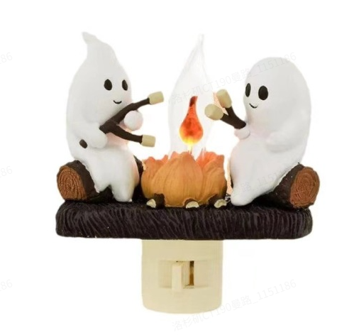 Ghost Campfire Plug-in Night Light Clearance, Halloween Cute Ghost Roasting Marshmallow Flickering Flame Wall Night Lamp, Resin Decorative Bedroom Holiday Nightlight