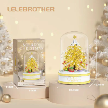 Mini Christmas Tree Snow Globe Music Box with Light Clearance, DIY Micro Building Block Xmas Snow Globe Decor, Golden Pink Desktop Christmas Ornament Gift for Girls