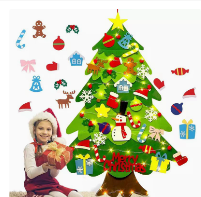 Felt Wall Hanging Christmas Tree Set Clearance, DIY Detachable Ornaments Xmas Felt Tree with Lights, Kids Interactive Educational Christmas Door Wall Decor
