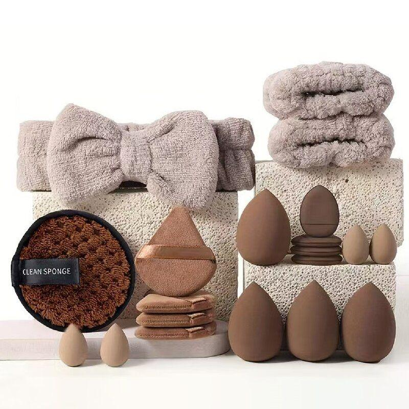 Complete Makeup Sponge Set with Bow Spa Headband Clearance, Fluffy Hair Band, Reusable Makeup Remover Puff, Multi-Size Beauty Blender & Triangle Powder Puff Kit for Foundation Blending