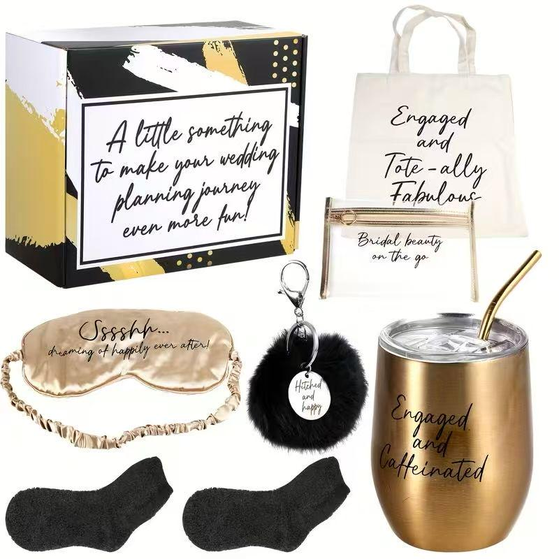 Wholesale Clearance 7Pcs Bridal Engagement Gift Box Set, Future Bride Wedding Planning Gift Kit with Insulated Tumbler Sleep Mask Tote Bag, Bachelorette Party Favor Bulk Supplies