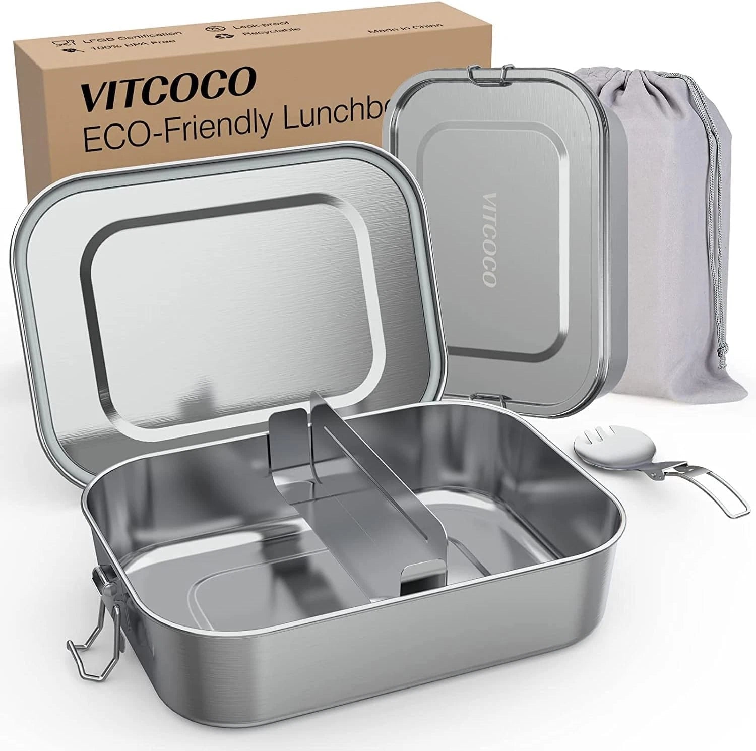 Stainless Steel Lunch Box with Divider Clearance, Leakproof Metal Bento Box, Reusable Eco Food Container with Foldable Spoon & Storage Bag for Kids Adults School Picnic