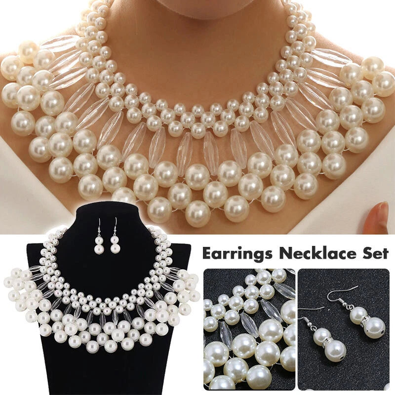 Multi Layer Large Pearl Bib Necklace Earrings Jewelry Set Clearance, Chunky White Faux Pearl Statement Collar Necklace for Wedding Party Bridal