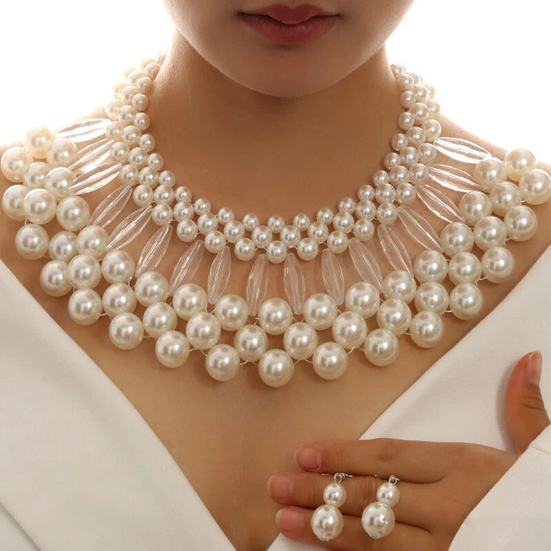 Multi Layer Large Pearl Bib Necklace Earrings Jewelry Set Clearance, Chunky White Faux Pearl Statement Collar Necklace for Wedding Party Bridal