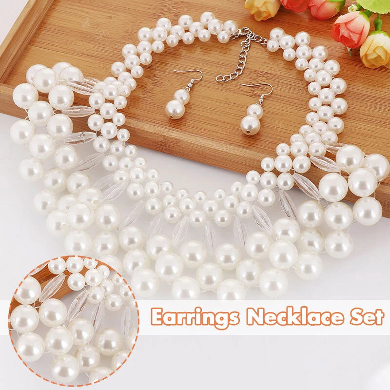 Multi Layer Large Pearl Bib Necklace Earrings Jewelry Set Clearance, Chunky White Faux Pearl Statement Collar Necklace for Wedding Party Bridal