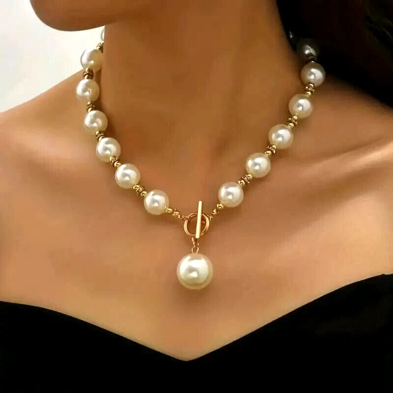 Large Faux Pearl Necklace Earring Jewelry Set Clearance, Classic Single Strand Pearl Pendant Choker, Elegant Bridal Wedding Formal Party Pearl Jewelry Set for Women