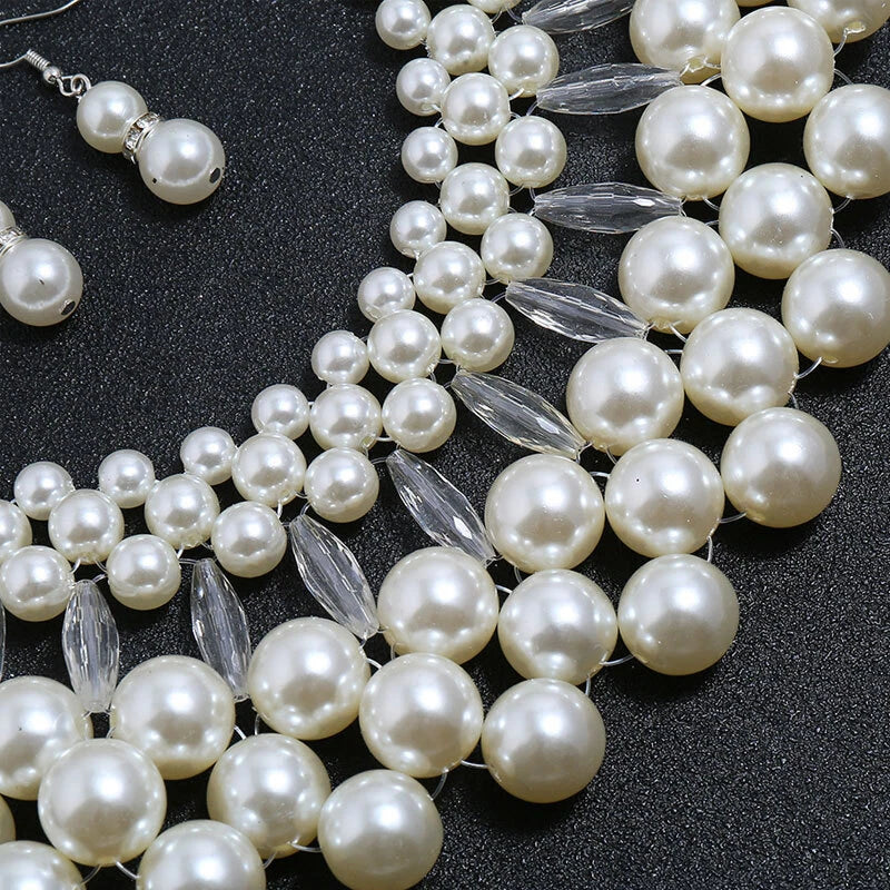 Multi Layer Large Pearl Bib Necklace Earrings Jewelry Set Clearance, Chunky White Faux Pearl Statement Collar Necklace for Wedding Party Bridal