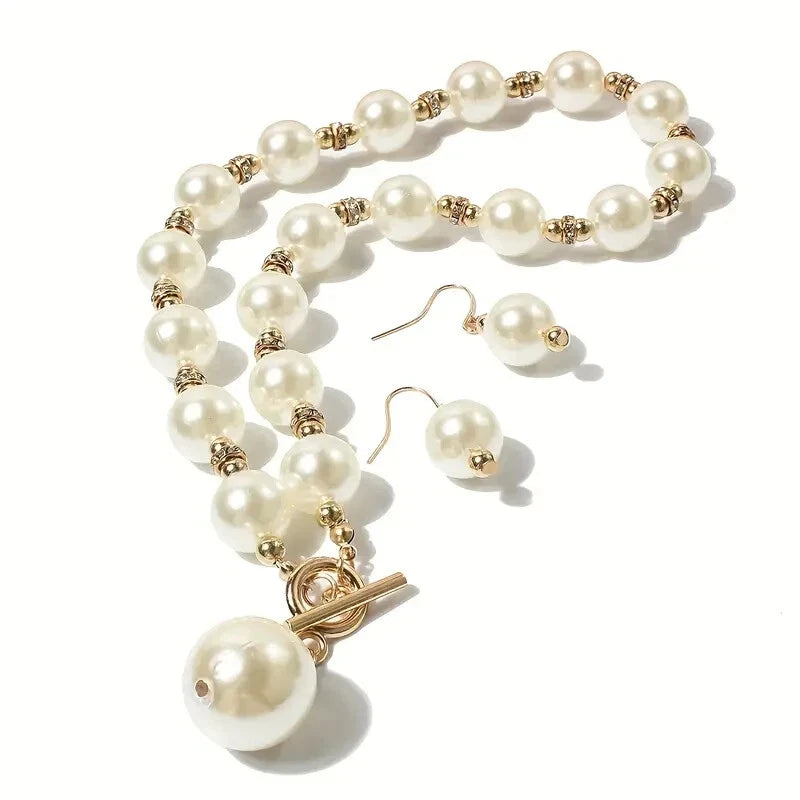 Large Faux Pearl Necklace Earring Jewelry Set Clearance, Classic Single Strand Pearl Pendant Choker, Elegant Bridal Wedding Formal Party Pearl Jewelry Set for Women